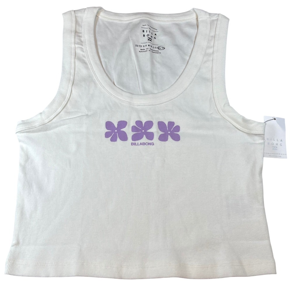 Billabong Girls Block Party Tank Top White Purple Floral Ribbed Crop XL